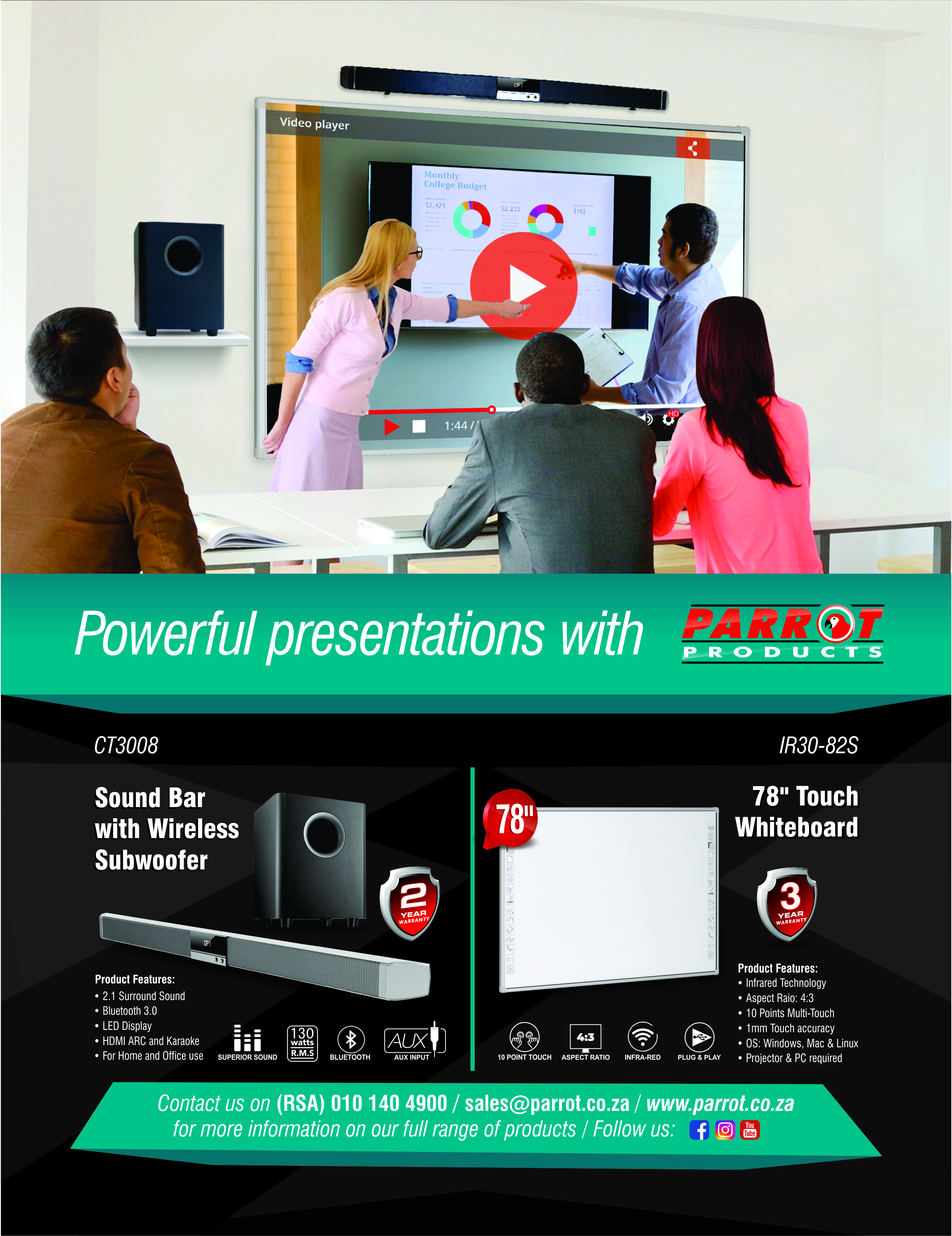 Parrot Soundbar and Interactive Touch Whiteboard