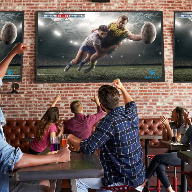 Sports Bar With TV Screen and guys cheering rugby game