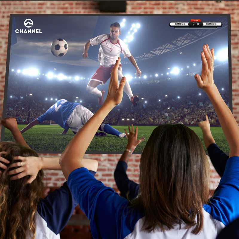 Sports Bar With TV Screen and lady cheering soccer team