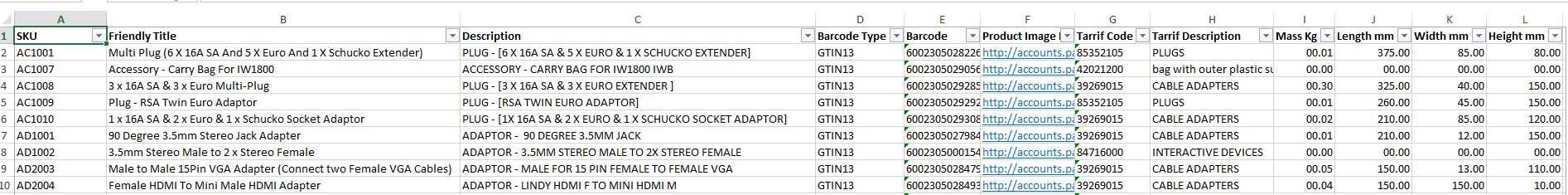 Product Excel Feed Example